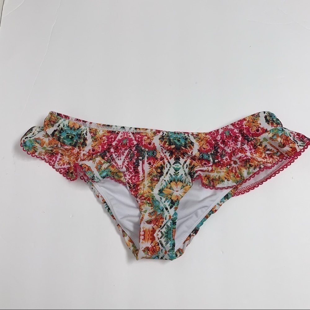 The Bikini Lab Size S Pink/Yellow/Green Floral Ruffle Bikini Swim Bottom